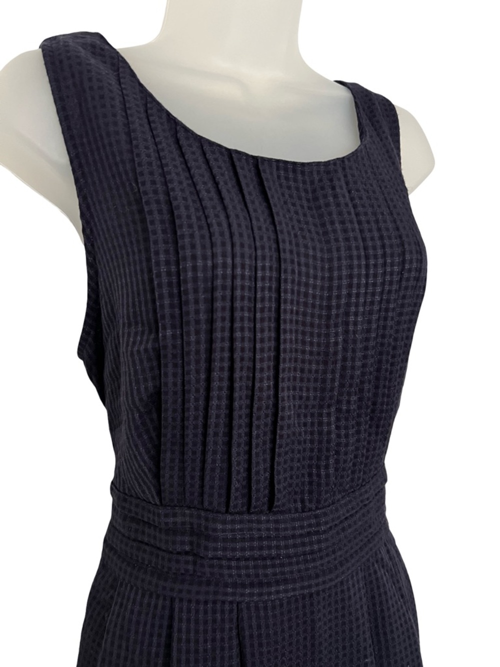 Vintage Melissa Harper Sleeveless Navy Checkered Pleated Dress with waist tie 12
